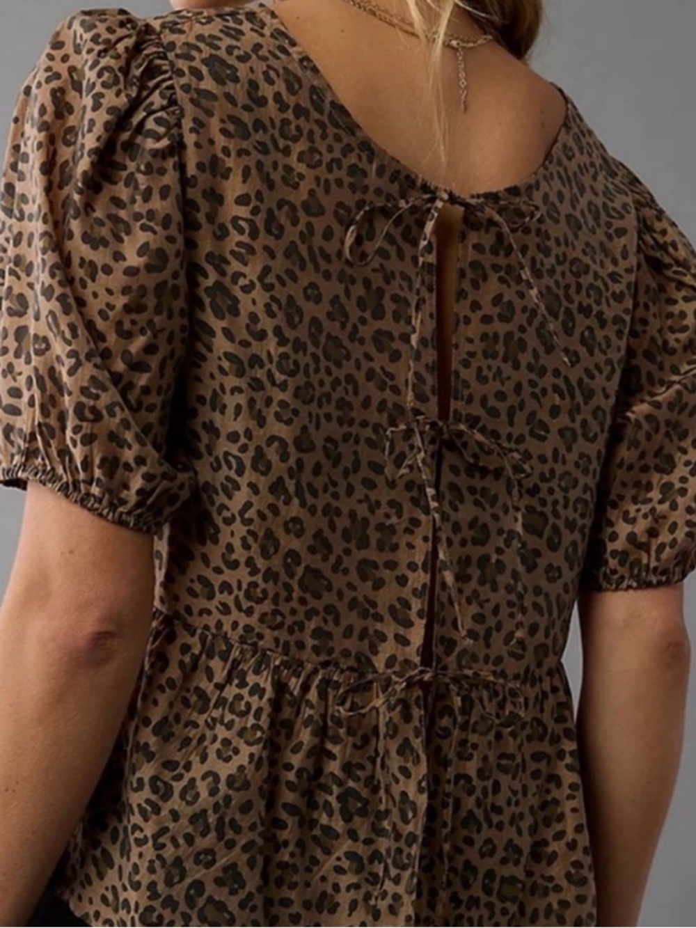 American Eagle Peplum Cheetah Print Blouse with Puff Sleeves